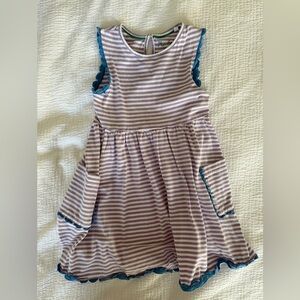 Mini Boden Lavender and White Striped Sleeveless Dress with Blue Trim, size 5-6